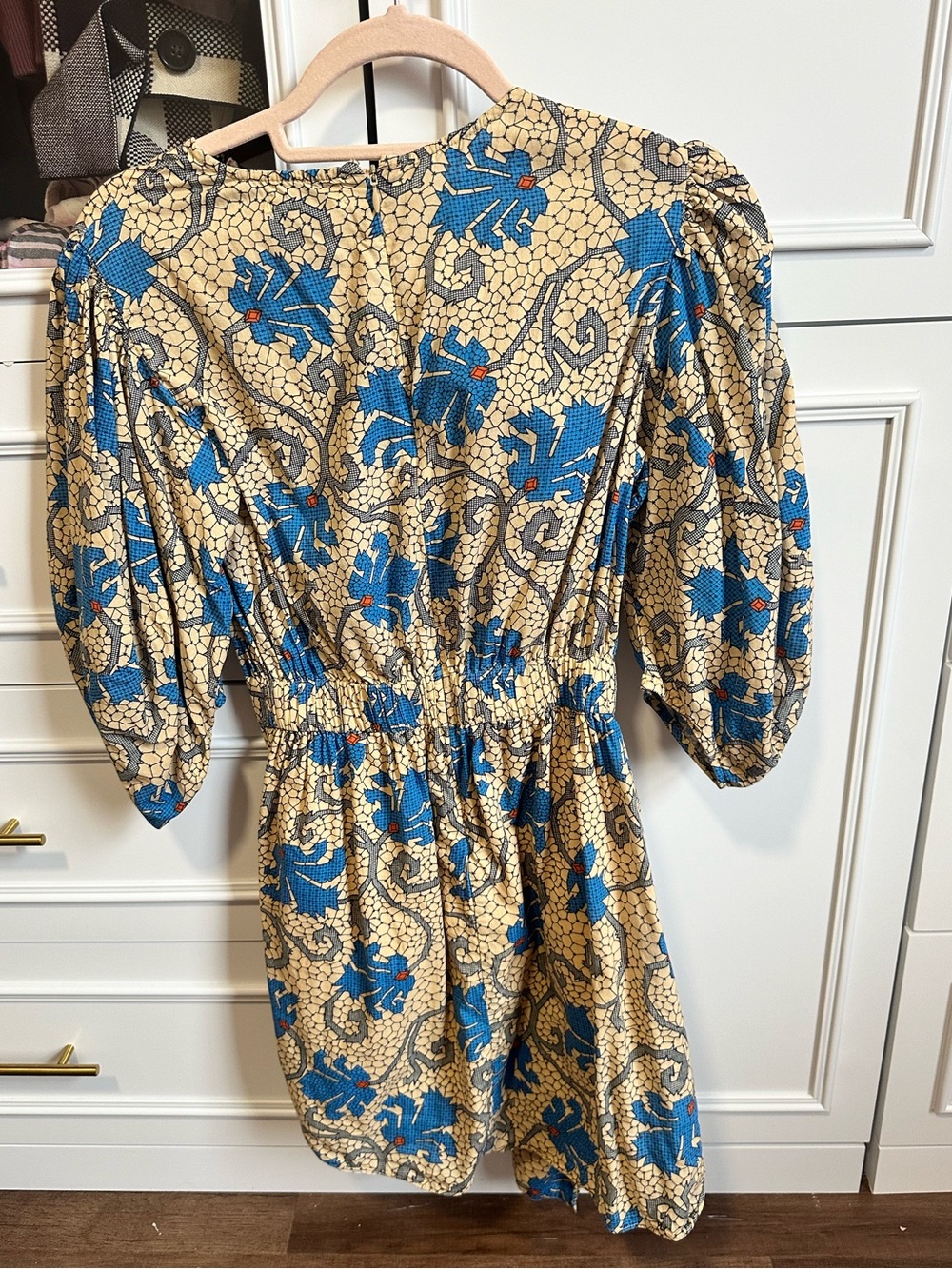 RHODE Pia Mini Dress Beige Mosaic Bloom Size 2 Cotton Puff Sleeve Ruched - Picture 6 of 10